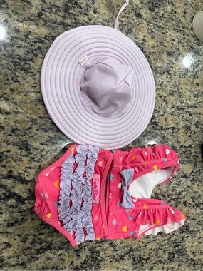 Ruffle Butts Pink Heart Ruffle Swimsuit with Lilac Sun Hat